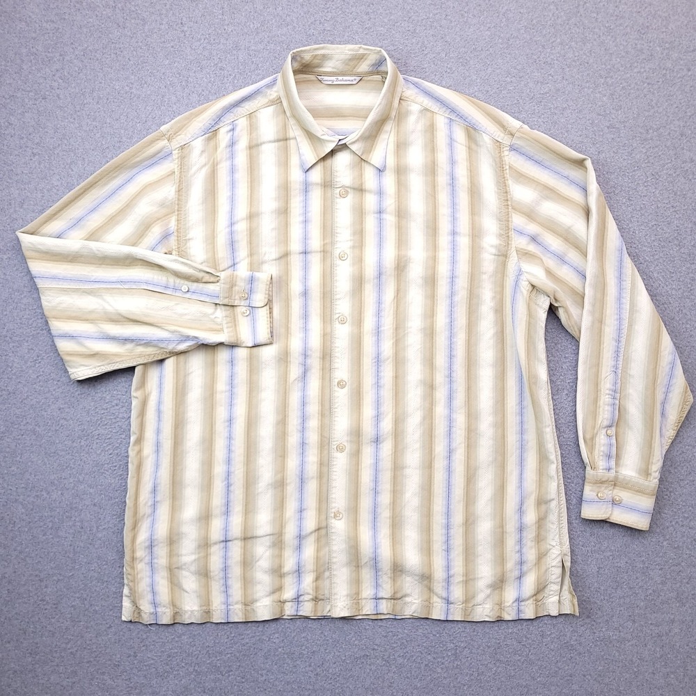 Tommy Bahama Silk Button Up Shirt XL Long Sleeve Khaki Stripe Mens